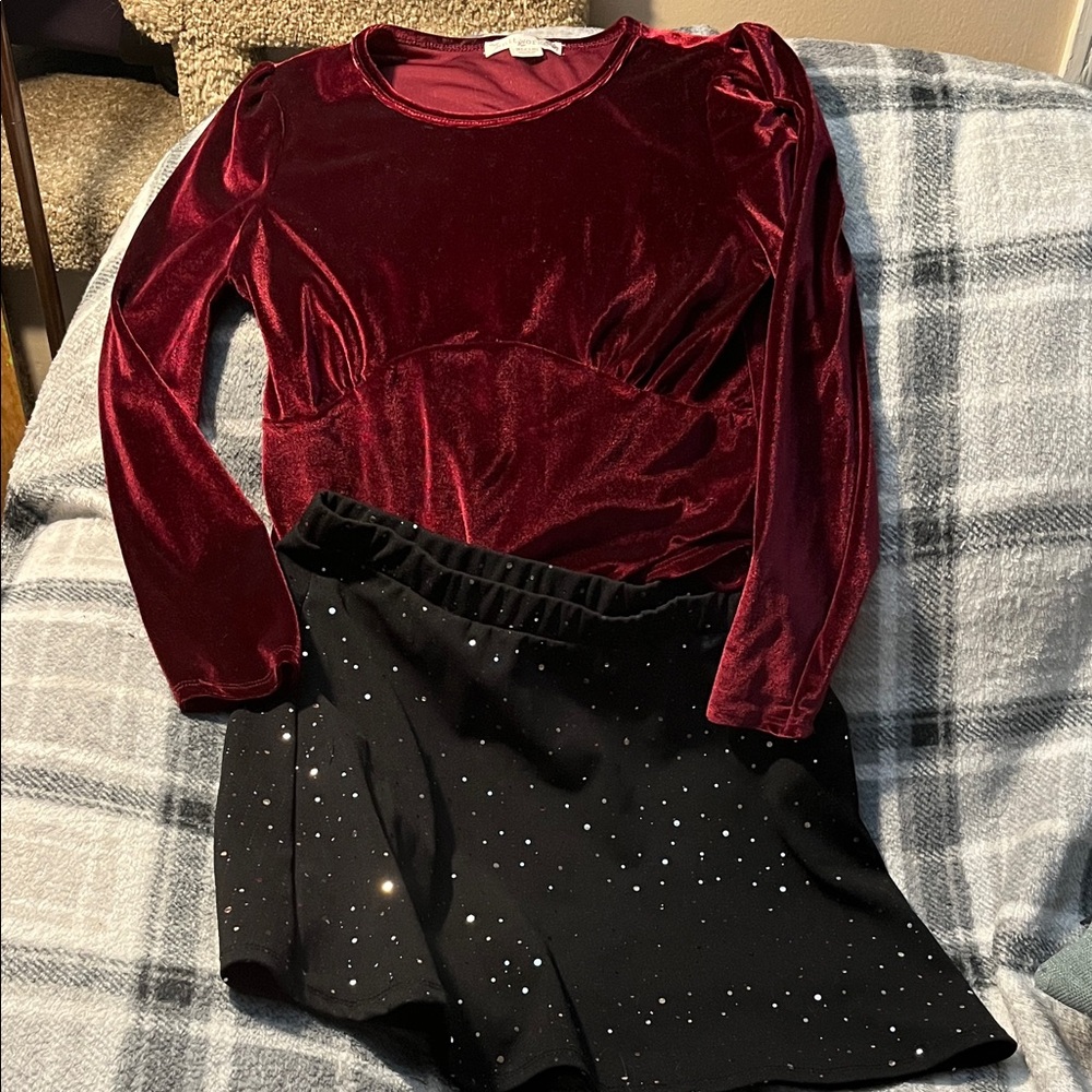 Knitworks Burgundy Velvet top and skirt set